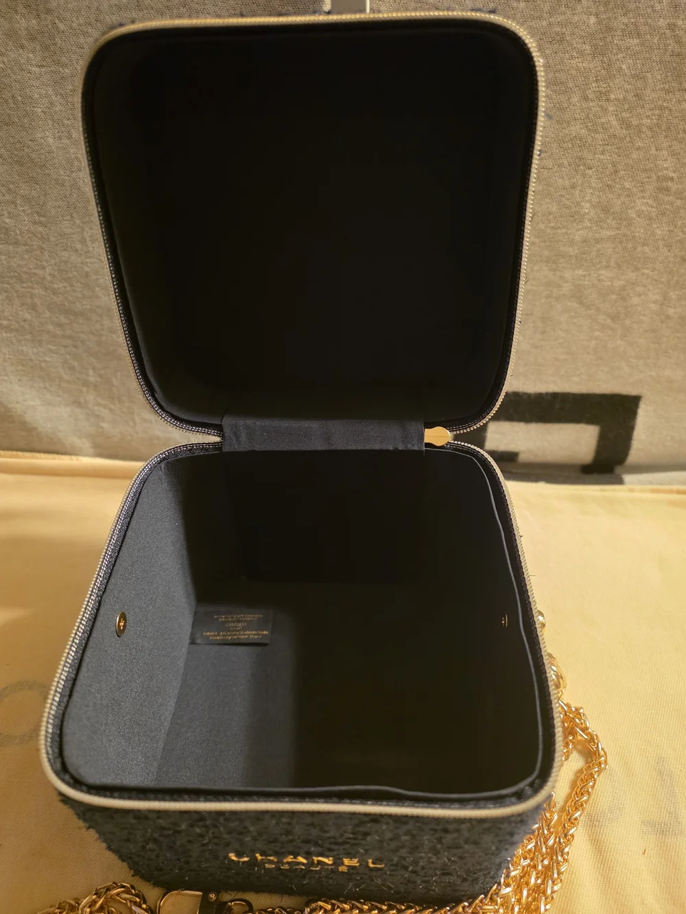 CHANEL Gold Chain Key & Card Holder with Black Tweed Case
